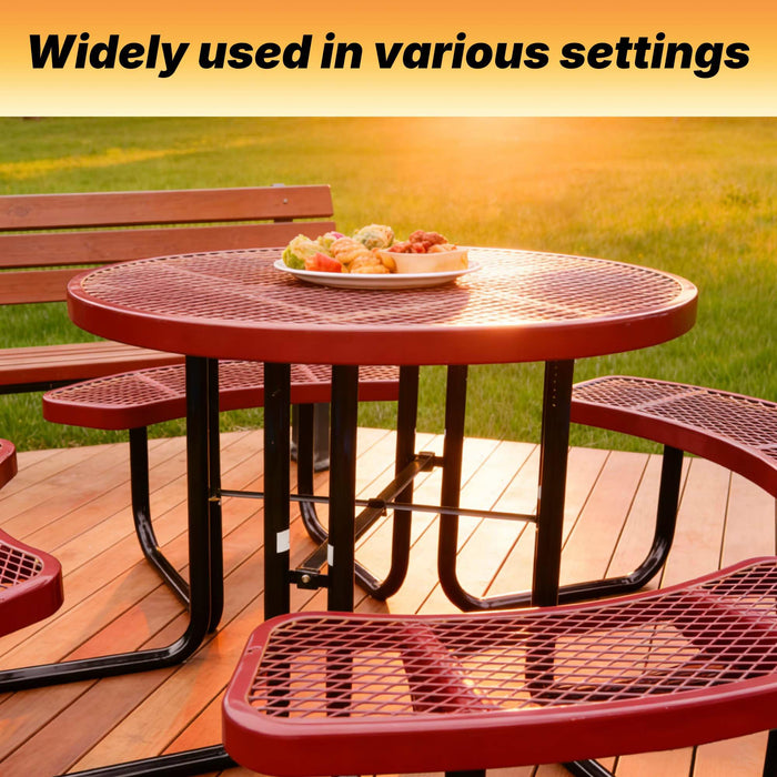 LAUCO 46-Inch Round Metal Picnic Table with Attached Benches, Red Thermoplastic Coated, Expanded Metal Construction, 1000 lb Capacity, Outdoor Use (Red) 36057
