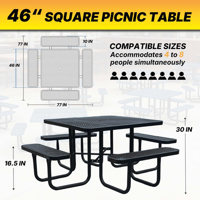LAUCO Square Picnic Table, Expanded Metal, Black Thermoplastic Coating, Attached Benches, 1-1/2” Umbrella Pole Hole, Outdoor-Rated, 1000 lb Capacity (Black) 36036