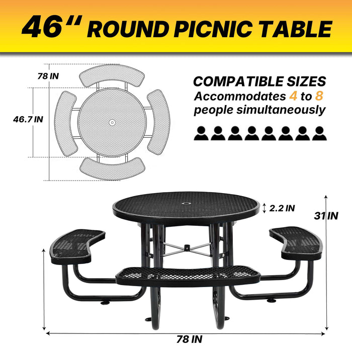 LAUCO 46-Inch Round Metal Picnic Table with Attached Benches, Black Thermoplastic Coated, Expanded Metal Construction, 1000 lb Capacity, Outdoor Use 36035