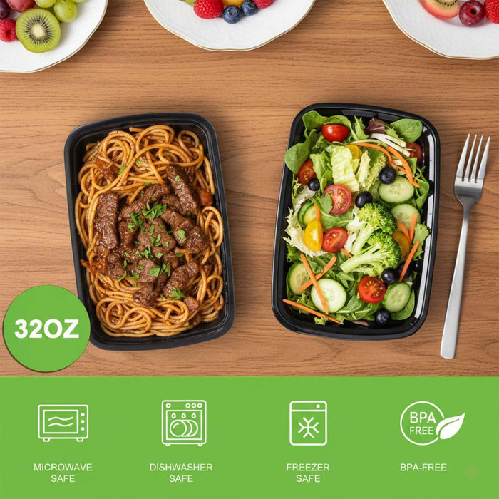 Uni-Pak Meal Prep Containers with Lids, Reusable 32oz Rectangle Food Storage, Sturdy Leakproof, Microwave Freezer Dishwasher Safe, To-Go Takeout Plastic Containers, 50 Pack (100-Piece) – 60816