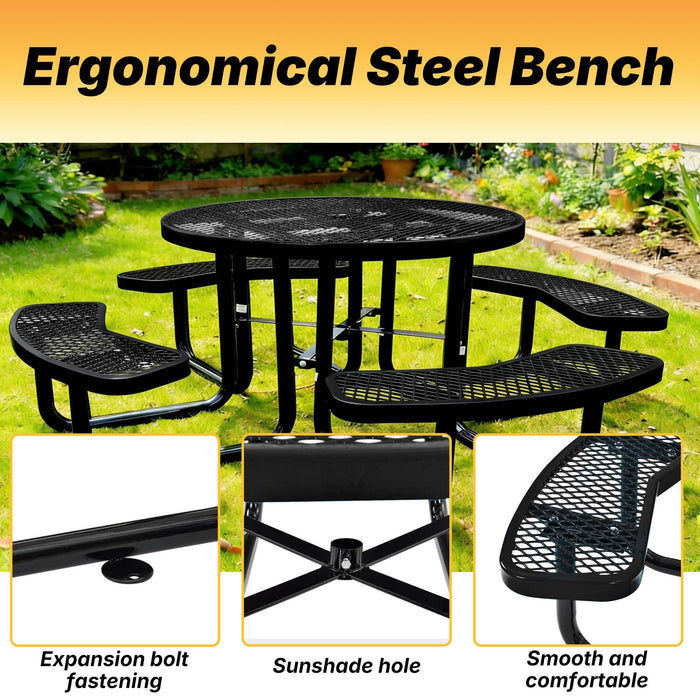 LAUCO 46-Inch Round Metal Picnic Table with Attached Benches, Black Thermoplastic Coated, Expanded Metal Construction, 1000 lb Capacity, Outdoor Use 36035