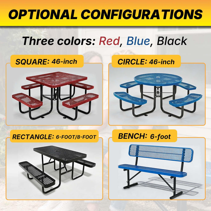 LAUCO Square Picnic Table, Expanded Metal, Black Thermoplastic Coating, Attached Benches, 1-1/2” Umbrella Pole Hole, Outdoor-Rated, 1000 lb Capacity (Black) 36036