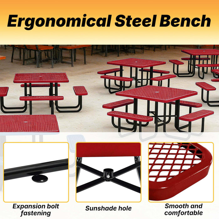 LAUCO Square Picnic Table, Expanded Metal, Red Thermoplastic Coating, Attached Benches, 1-1/2” Umbrella Pole Hole, Outdoor-Rated, 1000 lb Capacity 36078