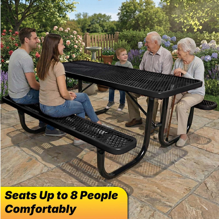 LAUCO Heavy Duty Rectangular Outdoor Picnic Table with Steel Frame, Thermoplastic Coating, Umbrella Hole, Built-in Benches, Seats 8, for Park, Patio, School (Black, 96 inch)