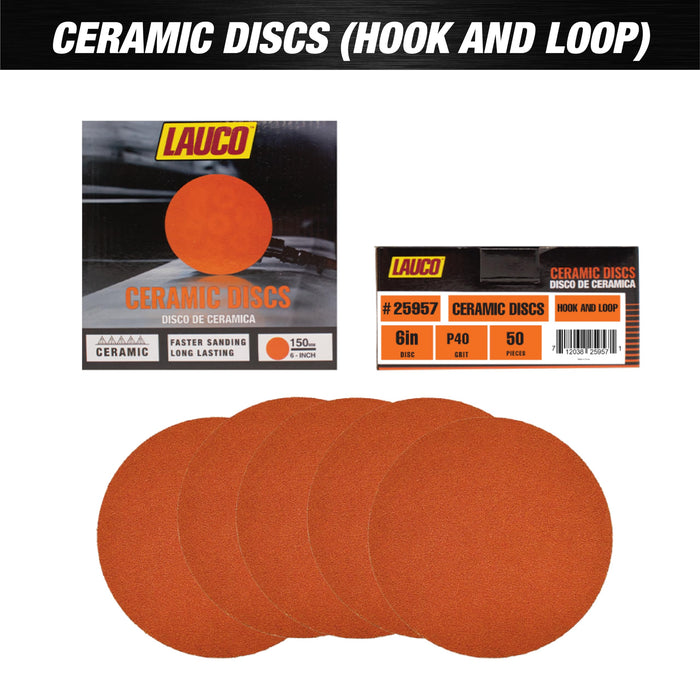 Premium 6" Hook and Loop Sanding Ceramic Discs (Box of 25) - Hook and Loop Backing Discs for DA Orbital Sanders - Automotive Sanding Wood Furniture Finishing (GRIT-40) 25957