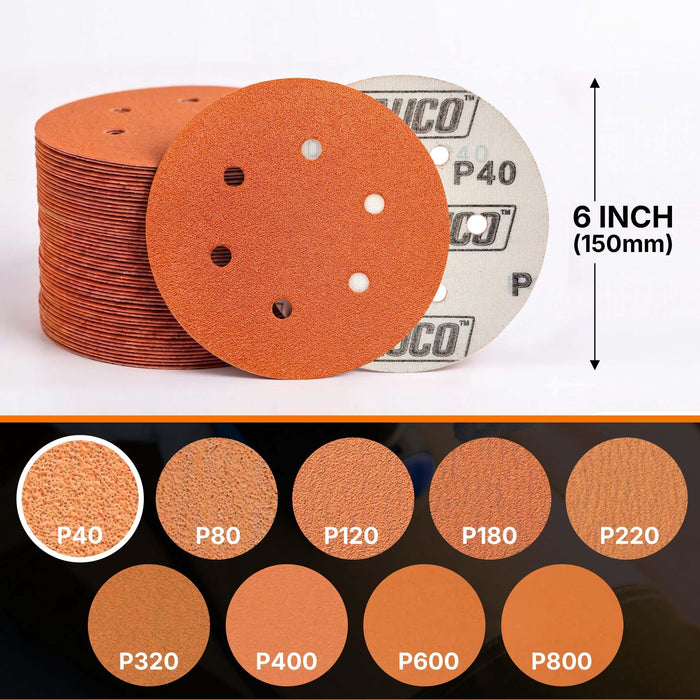 25 PCS 6 Inch 6 Hole Ceramic Sanding Discs P40 Grit, Hook and Loop Orbital Sandpaper, Heavy Duty Sandpaper for Wood, Metal, Automotive, Paint Removal