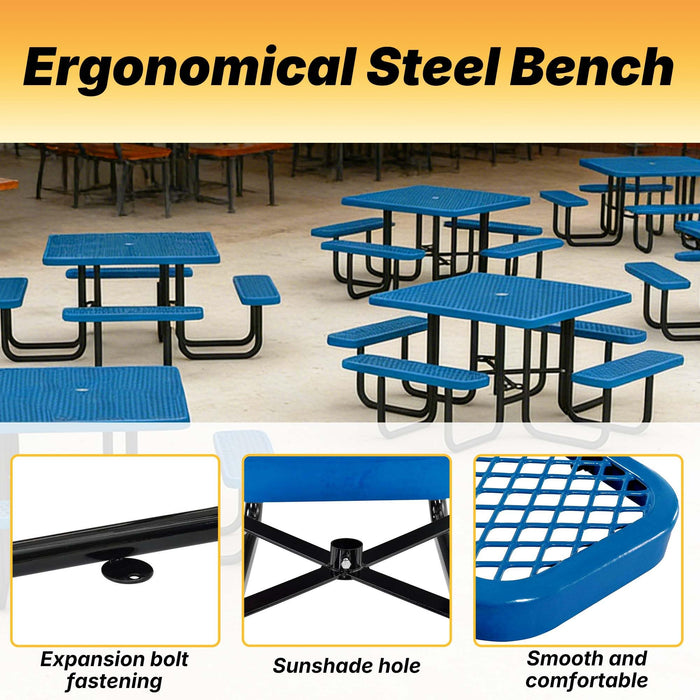 LAUCO Square Picnic Table, Expanded Metal, Blue Thermoplastic Coating, Attached Benches, 1-1/2” Umbrella Pole Hole, Outdoor-Rated, 1000 lb Capacity 36079