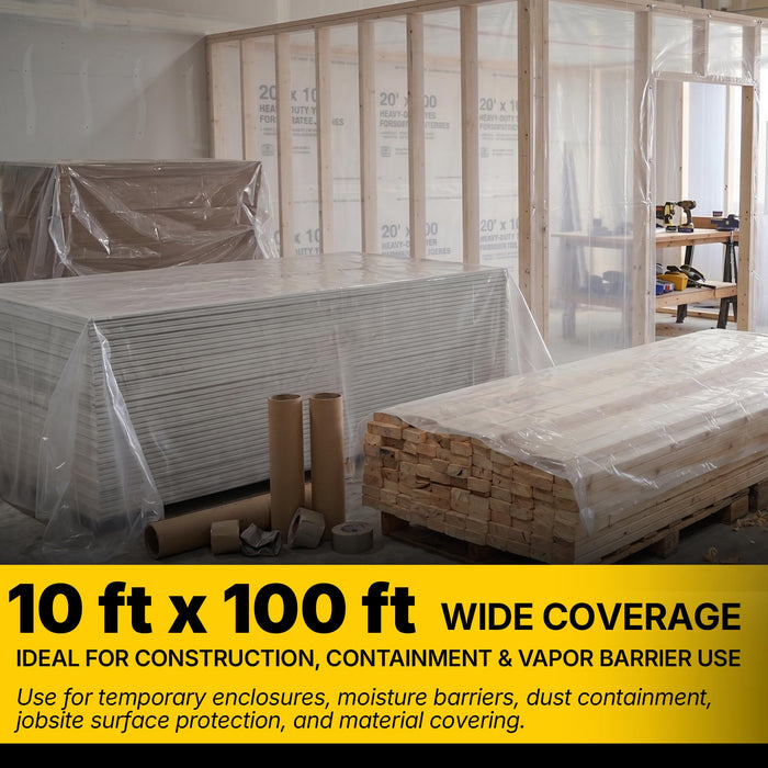 Lauco Heavy Duty Construction Plastic Sheeting 10' x 100' Roll – 6 Mil Clear Polyethylene Sheet – Waterproof Vapor Barrier, Dust & Moisture Protection for Painting, Furniture, Carpet & Contractor Use
