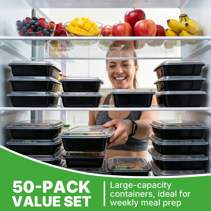 50 Pack (100-Piece) Meal Prep Containers Rectangle 28oz Reusable with Lids, Sturdy Leakproof & Food Safe, Microwave, Freezer, Dishwasher Safe Prep Containers, To Go Take Out Plastic Food Storage 75898