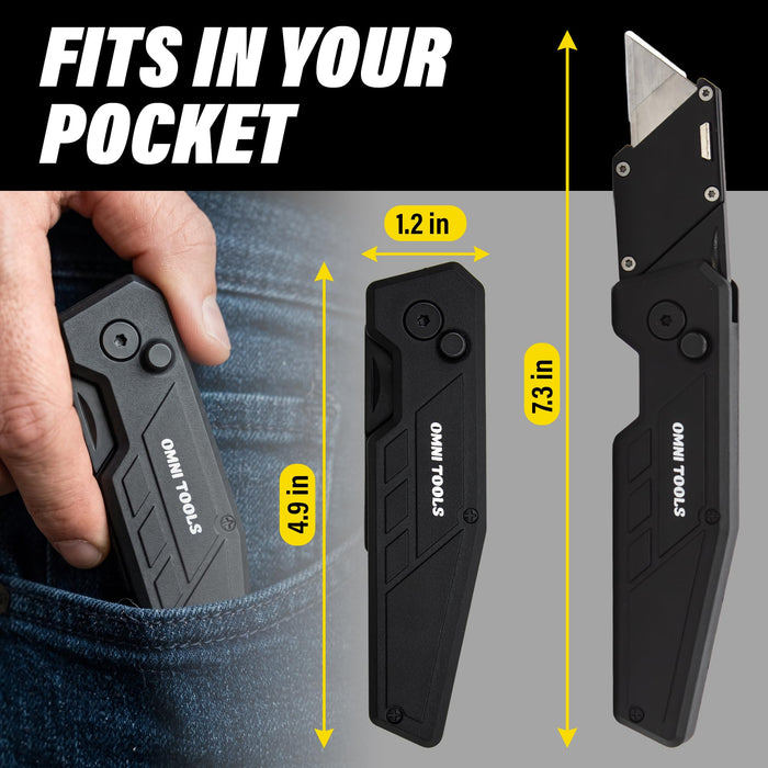 Heavy Duty Folding Utility Knife with 5 Replacement Blades, Quick Change Razor Box Cutter, Ergonomic Handle, Portable Pocket Cutter for Cardboard, Drywall, Plastic, Rope, Carpet and DIY Projects