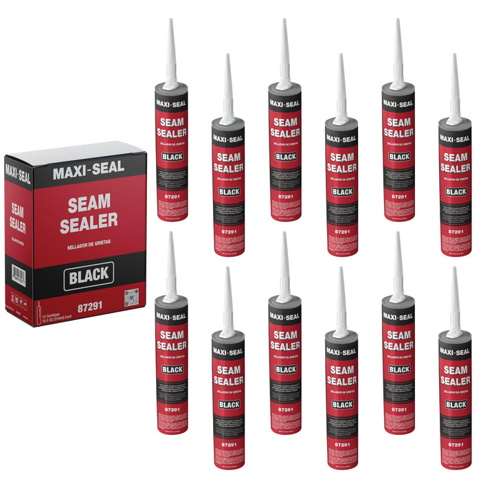 Maxi-Seal Black Polyurethane Seam Sealer (12-Pack, 10.5oz Tube) with Brushes | Flexible Auto Body Filler for OEM Seams | Brushable for Bare or Painted Surfaces
