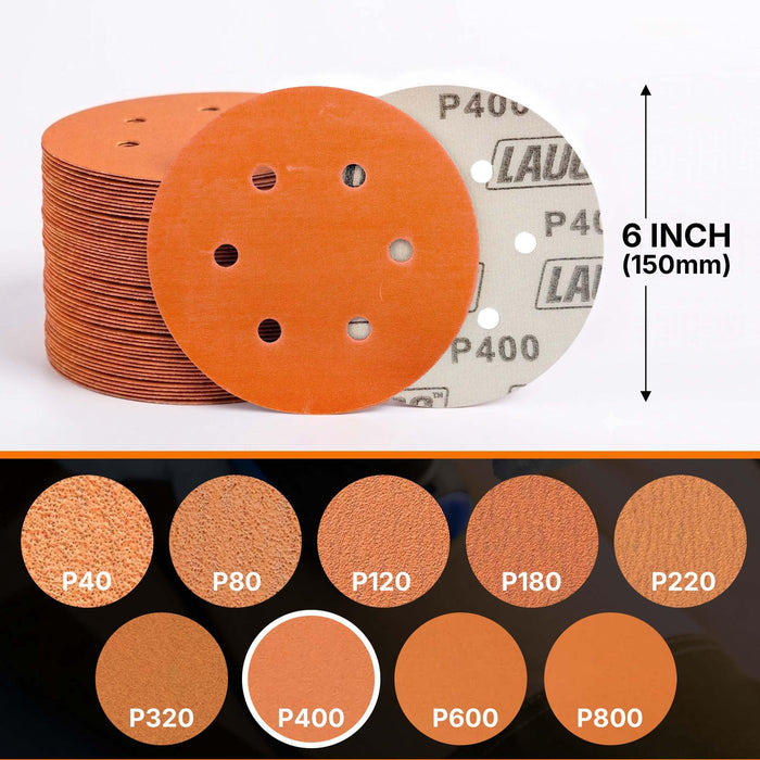 50 PCS 6 Inch 6 Hole Ceramic Sanding Discs P400 Grit, Hook and Loop Orbital Sandpaper, Heavy Duty Sandpaper for Wood, Metal, Automotive, Paint Removal