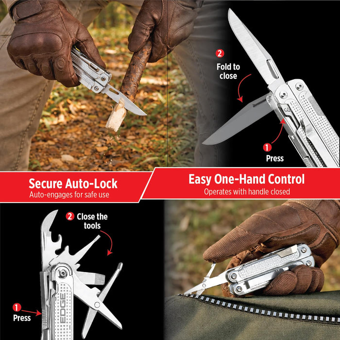 EDGE Multi-Tool Pliers, 14-in-1 Stainless Steel Multitool with Knife, Saw, Scissors, Wire Cutter & Screwdriver Bits, Compact Folding Pocket Tool for Camping, Survival, Fishing & Car Emergency (Silver)