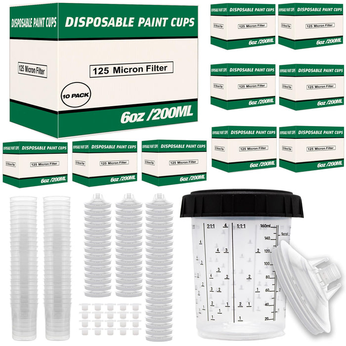 Value Pack 10 Boxes - Disposable Spray Gun Paint Cups Liners and Lid Kit - Each Box Includes: 50 Cup Liners, 50 Lids with 125 Mic, 1 Hard Cup with Retainer Ring and 20 Plugs (10 Boxes of 200ml / 6oz)
