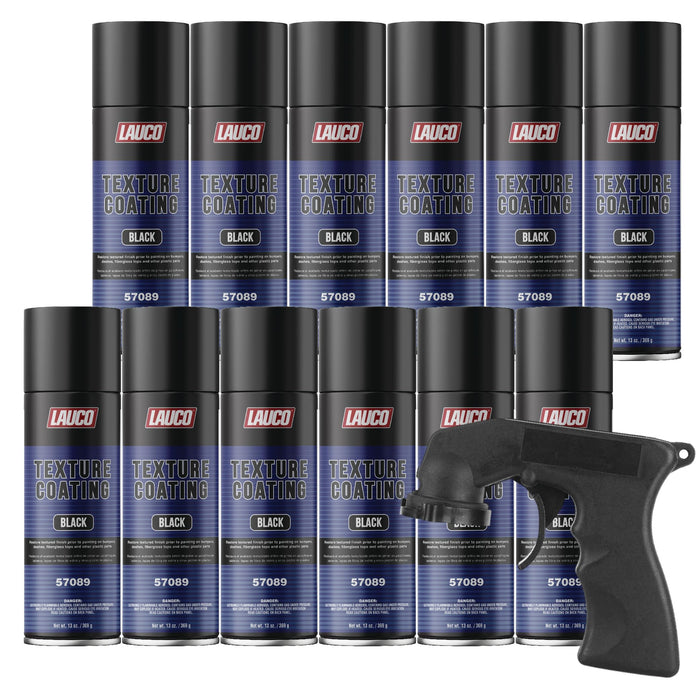 LAUCO Texture Coating Black 13oz Aerosol Spray Can with Aerosol Spray Gun - Pack of 12 - For Automotive and Industrial Use 57089