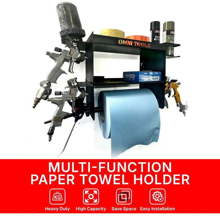 Omni Tools Multi-Function Paper Towel Holder, Steel Shop Organizer Rack with Tool Slots and Spray Gun Storage, Heavy-Duty Garage and Auto Body Shelf, 22.75 x 15 x 9.25 Inches 36038