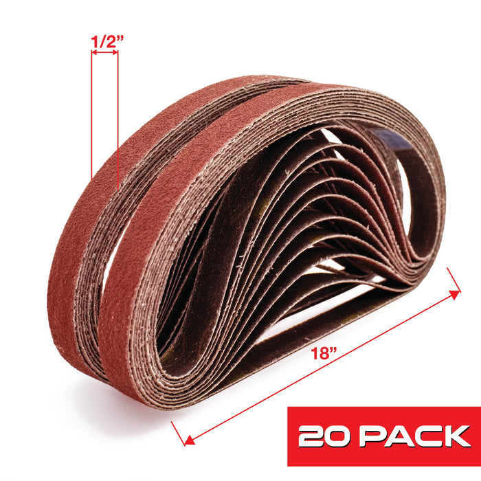 MAXIBAND 1/2 in x 18 INCH File Belt Bands Abrasives - 60 GRIT - Aluminum Oxide Sanding Belt, Sander Belts for Air File Belt Sander, Woodworking, Metal Polishing - Pack of 20 31746