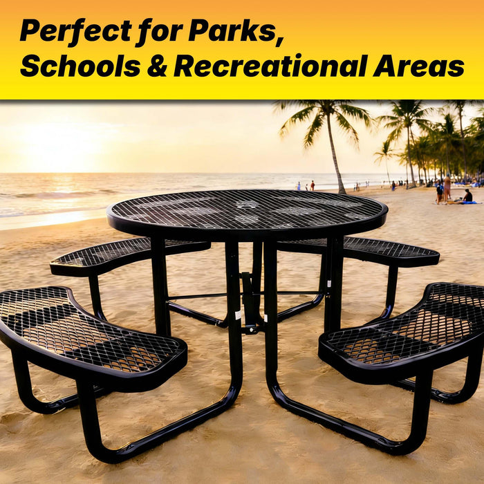 LAUCO 46-Inch Round Metal Picnic Table with Attached Benches, Black Thermoplastic Coated, Expanded Metal Construction, 1000 lb Capacity, Outdoor Use 36035