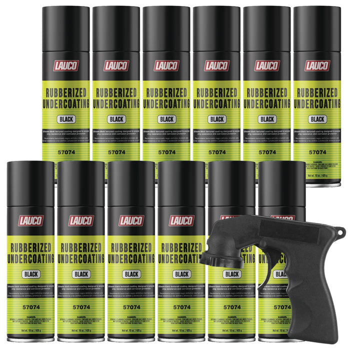 LAUCO Rubberized Undercoating Black 15oz Aerosol Spray Paint Can with Aerosol Spray Gun - Pack of 12 57074