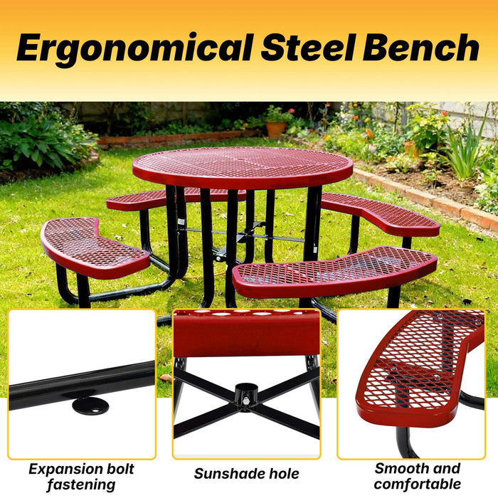 LAUCO 46-Inch Round Metal Picnic Table with Attached Benches, Red Thermoplastic Coated, Expanded Metal Construction, 1000 lb Capacity, Outdoor Use (Red) 36057