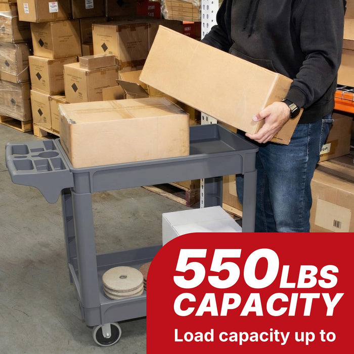 Lauco Heavy Duty Polypropylene Utility Cart - ﻿30" x 16" x 33"- Industrial Cart with Full Swivel Wheels Safely Holds up to 550 lbs - Multipurpose 2 Tier Service Cart for Warehouse, Garage, Cleaning