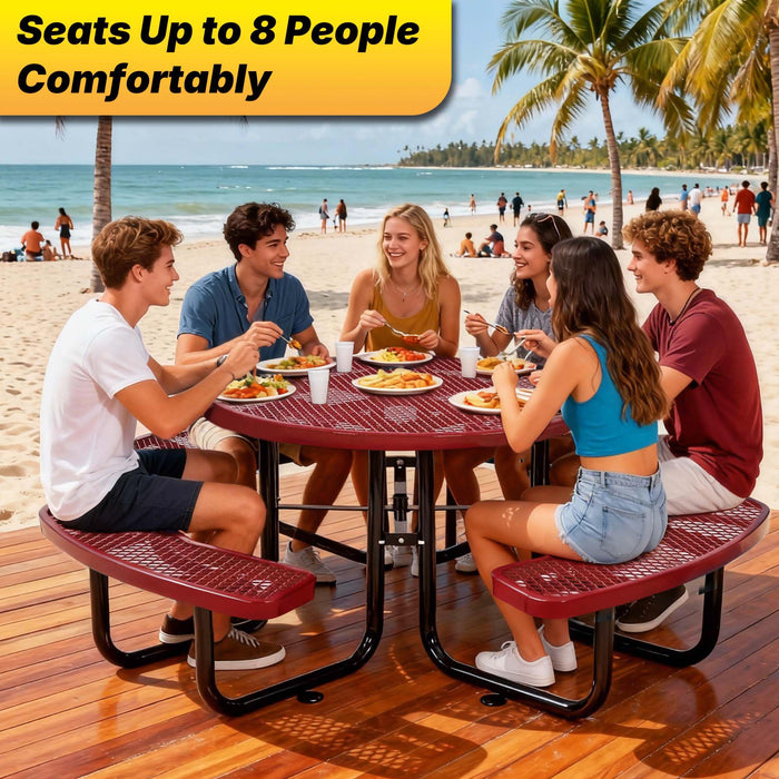 LAUCO 46-Inch Round Metal Picnic Table with Attached Benches, Red Thermoplastic Coated, Expanded Metal Construction, 1000 lb Capacity, Outdoor Use (Red) 36057