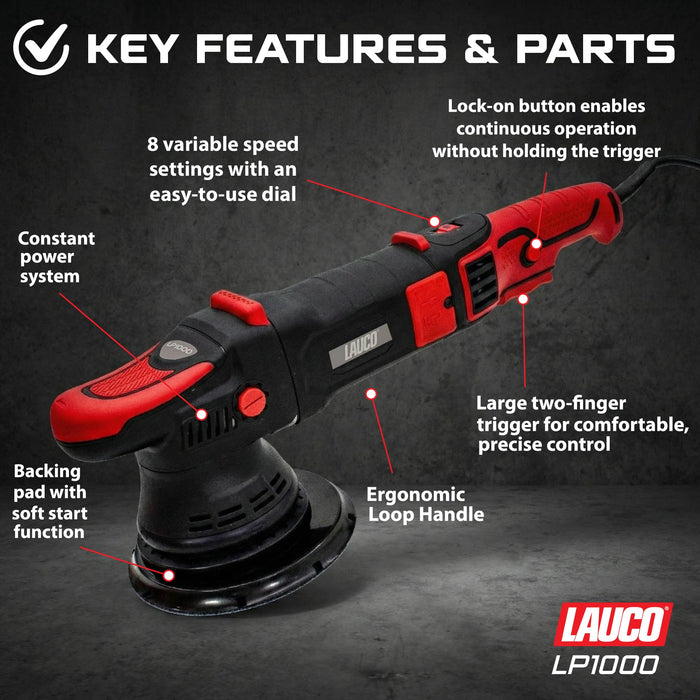 LAUCO Gear Driven Orbital Polisher 1000W with 6-Inch Backing Pad, 6-Speed Variable Control, High Torque Dual Action Polisher for Car Detailing, Paint Correction, Waxing, Buffing & Polishing LP1000