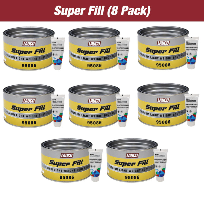 LAUCO Super Fill Premium Lightweight Body Filler - Pack of 8 - Ideal for Small-Medium Dents & Scratches, Adheres to Fiberglass, Steel, Galvanized, Zinc & Aluminum, 8 Quart + 8 Hardener