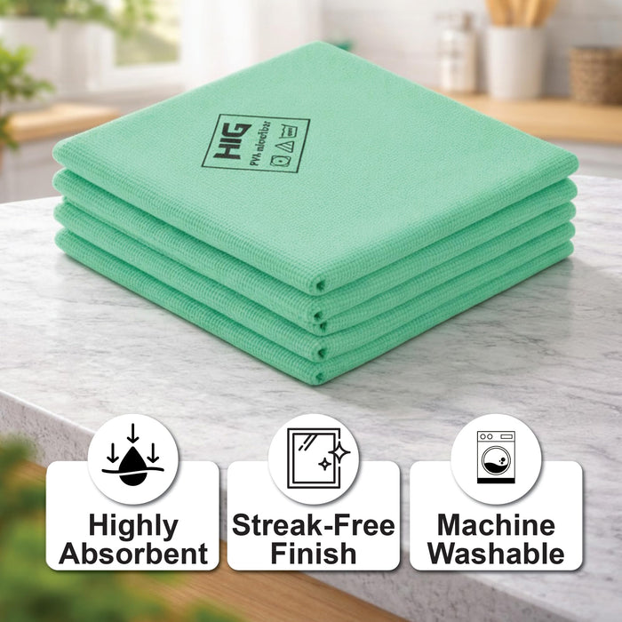 HIG PVA Microfiber Cleaning Towels, Professional Grade Synthetic Chamois Cloths for Streak Free Shine, Ultra Absorbent, Smooth & Reusable All-Purpose Cleaning Rags for Home, Car & Kitchen (5, Green)