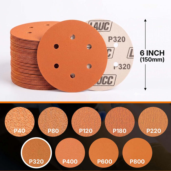 50 PCS 6 Inch 6 Hole Ceramic Sanding Discs P320 Grit, Hook and Loop Orbital Sandpaper, Heavy Duty Sandpaper for Wood, Metal, Automotive, Paint Removal