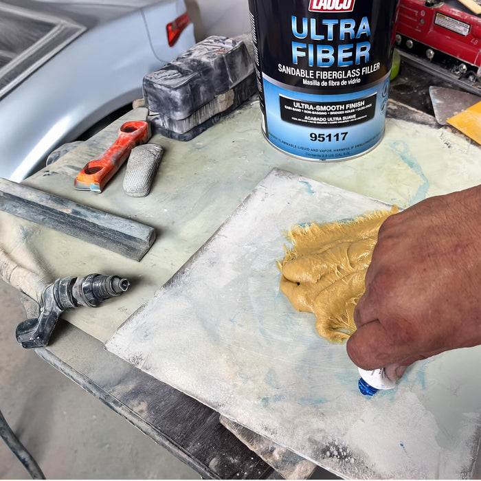 LAUCO Ultra Fiber Sandable Fiberglass Filler, Bridges Holes, Water Resistant, Lightweight, for Fiberglass, Steel, Plastics, Base Color of Yellow-Green, 3 Liters