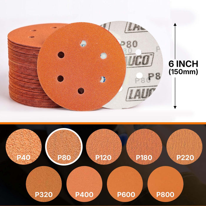 50 PCS 6 Inch 6 Hole Ceramic Sanding Discs P80 Grit, Hook and Loop Orbital Sandpaper, Heavy Duty Sandpaper for Wood, Metal, Automotive, Paint Removal