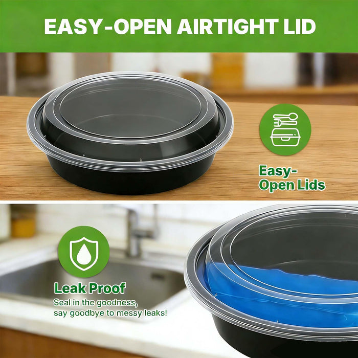 50 Pack (100-Piece) Meal Prep Containers Reusable with Lids, Sturdy Leakproof & Food Safe, Microwave, Freezer, Dishwasher Safe Prep Containers, To Go Take Out Plastic Food Storage (Round 32oz) 60823