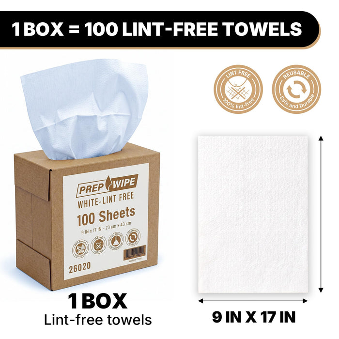 Prep Wipe Lint Free Cleaning Towels, Heavy Duty Cleaning Cloths, Lint Free Wipes, Cleaning Cloths for House & Industrial Use, Disposable Cleaning Rags, Pack of 100 Sheets 9" x 17" (White) 26020
