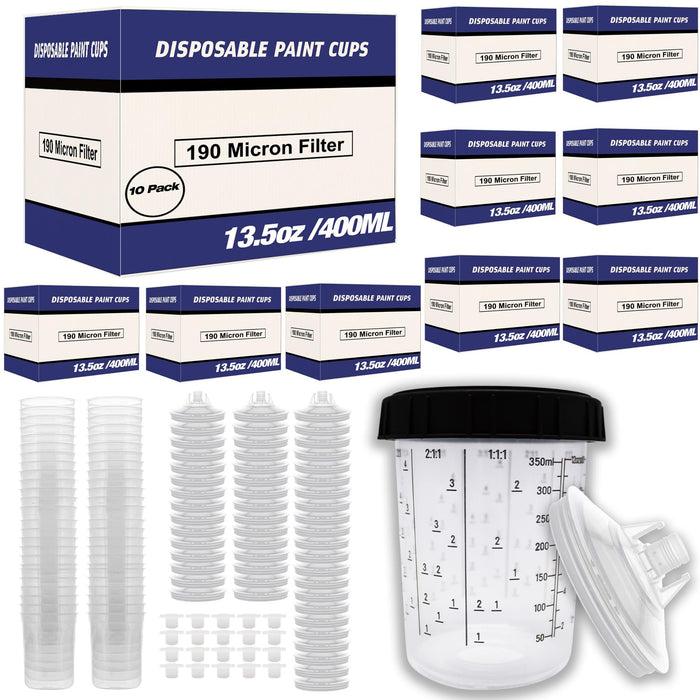 Disposable Paint Spray Gun Cups Liners and Lid System 50 Liners, 50 Lids, 190MIC, 1 Hard Cup with Retainer Ring and 20 Plugs - Compatible w/ Original 1.0 System (not 2.0) (10 Boxes of 400ml / 13.5oz)