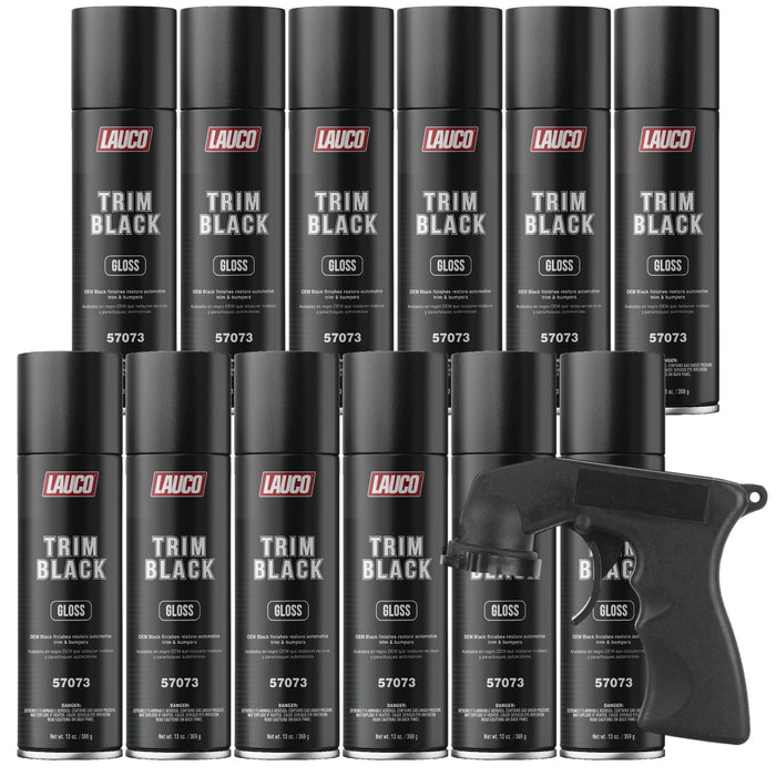 Trim Black Gloss 13 oz. Automotive Spray Paint Can with Gun - Pack of 12 - Black Car Spray Paint with Gloss Finish - Designed for Plastic, Aluminum, Steel and Stainless Steel 57073