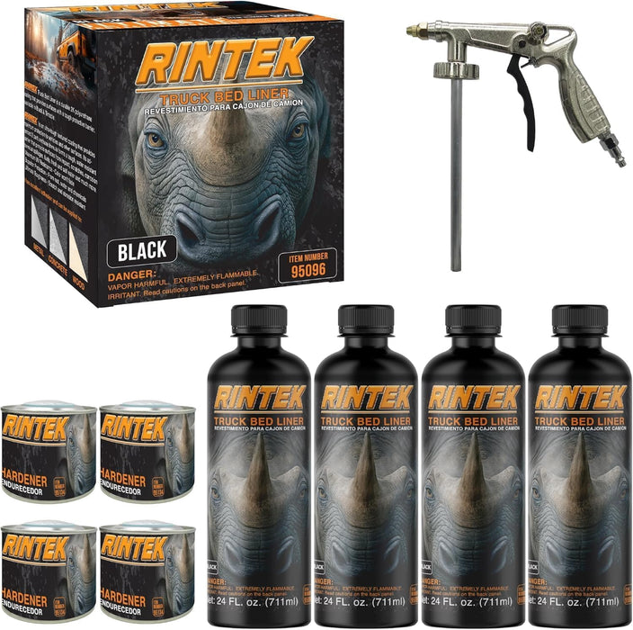 Rintek Urethane Spray On Truck Bed Liner Kit, Durable Textured Coating Mix, Shake & Shoot 1 Gallon, Black, with Spray Gun