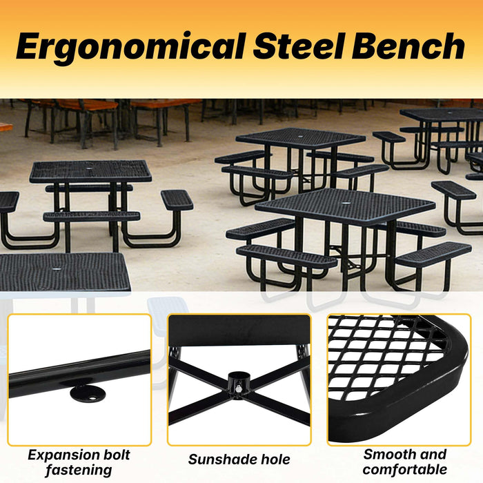 LAUCO Square Picnic Table, Expanded Metal, Black Thermoplastic Coating, Attached Benches, 1-1/2” Umbrella Pole Hole, Outdoor-Rated, 1000 lb Capacity (Black) 36036