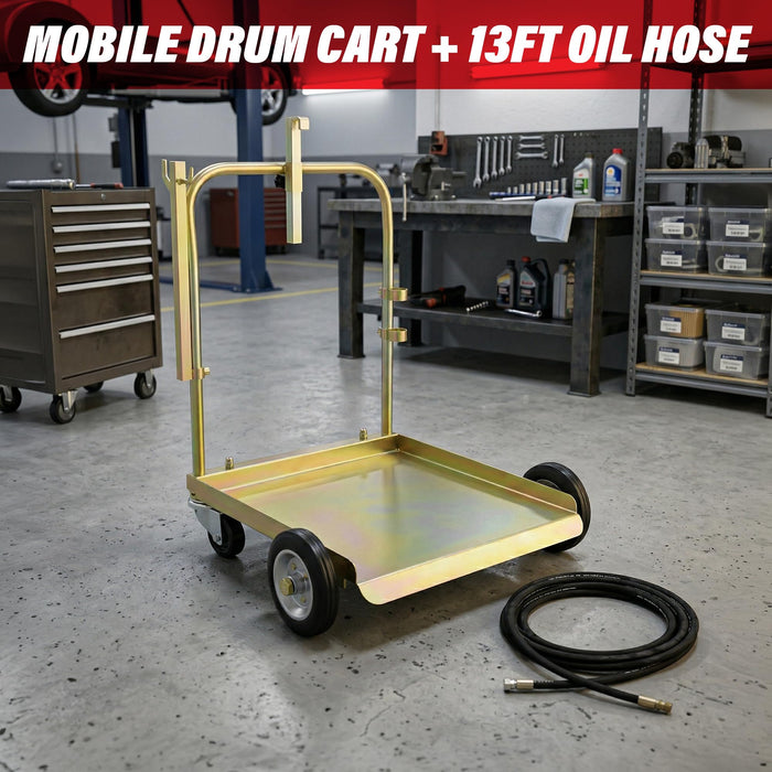 LAUCO Mobile Drum Cart with 13ft Oil Hose – Heavy-Duty Trolley for 55 Gallon Barrel Oil Transfer Systems – Portable Steel Drum Dolly + Reinforced Hose Only (Pump Not Included) (Cart + Hose Kit)
