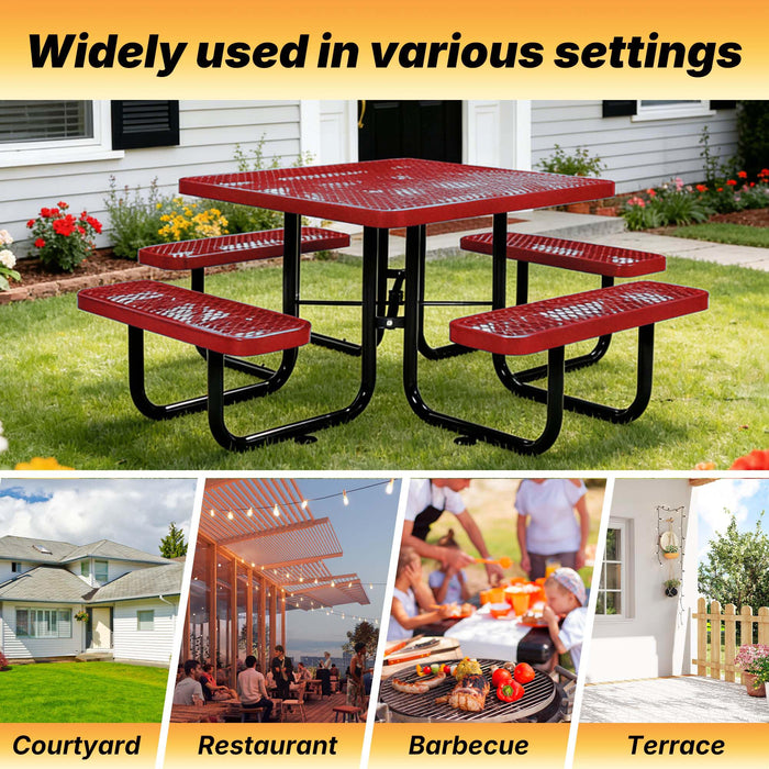 LAUCO Square Picnic Table, Expanded Metal, Red Thermoplastic Coating, Attached Benches, 1-1/2” Umbrella Pole Hole, Outdoor-Rated, 1000 lb Capacity 36078