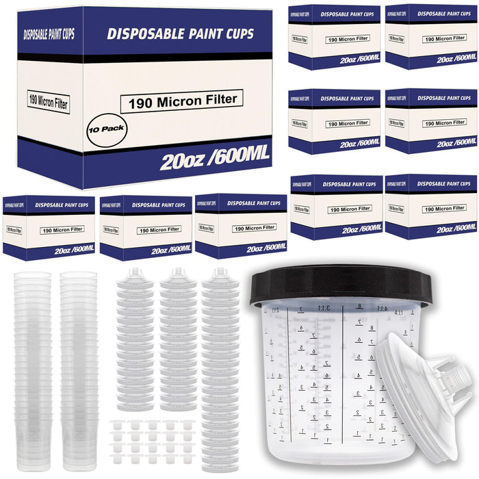 Disposable Paint Spray Gun Cups Liners and Lid System 50 Liners, 50 Lids, 190MIC, 1 Hard Cup with Retainer Ring and 20 Plugs - Compatible w/ Original 1.0 System (not 2.0) (10 Boxes of 600ml / 20oz)