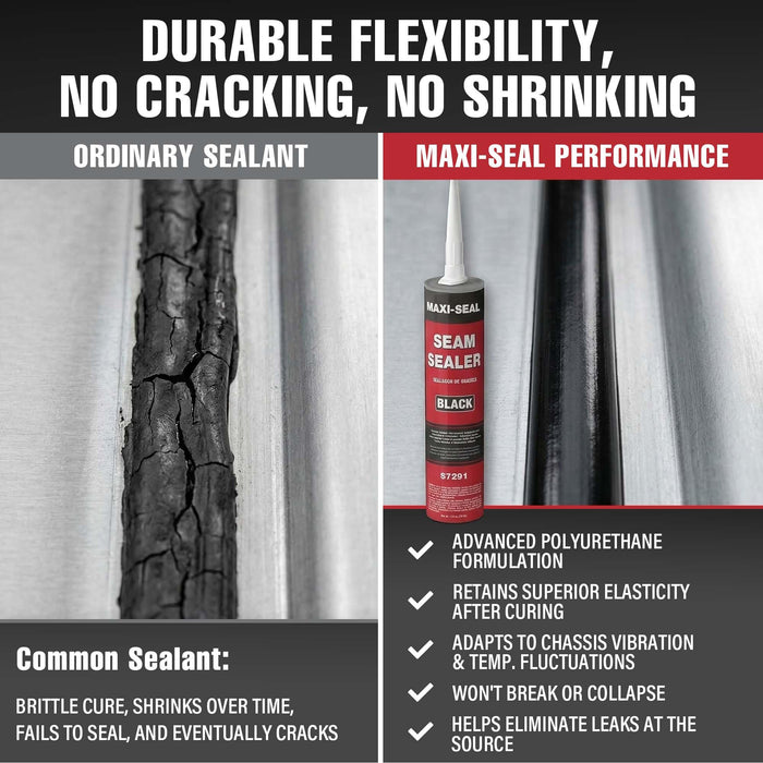 Maxi-Seal Black Polyurethane Seam Sealer (6-Pack, 10.5oz Tube) Durable & Flexible Auto Body Filler for OEM Seams | Brushable for Bare/Painted Surfaces