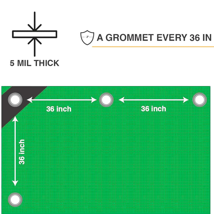 Heavy Duty Green Tarp - 24ft x 36ft - 5 MIL Multipurpose UV Resistant, Waterproof Protective Tarp Cover with Metal Grommets and Reinforced Edges - for Roof, Camping, Patio, Boat, Car 39111