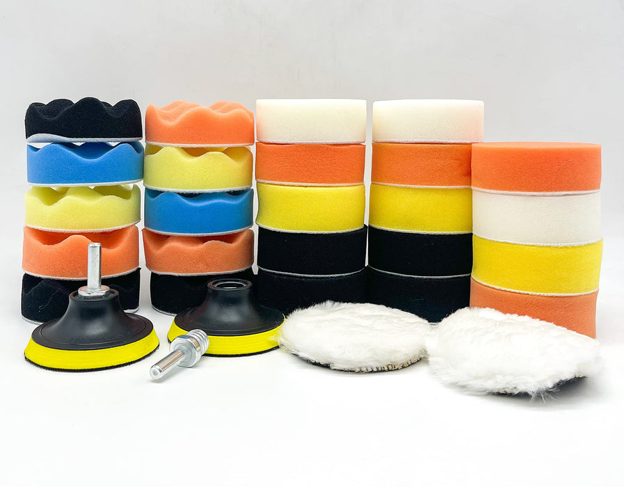 Buffing and Polishing Pad Kit for Drill Adapter – 3-Inch Foam and Wool Pads for Car Detailing, Scratch Removal, Cutting, Finishing and Polishing (30 Pcs Set)