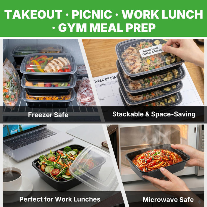 50 Pack (100-Piece) Meal Prep Containers Rectangle 28oz Reusable with Lids, Sturdy Leakproof & Food Safe, Microwave, Freezer, Dishwasher Safe Prep Containers, To Go Take Out Plastic Food Storage 75898