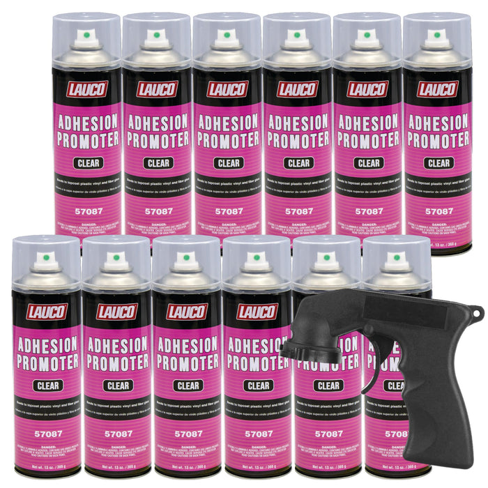 LAUCO Automotive Adhesion Promoter 13 oz Aerosol Spray Can with Aerosol Spray Gun - Pack of 12 - Use on Multi Surfaces Like Automotive Plastics, Bumpers, Vinyl Trim and Fiberglass (57087)