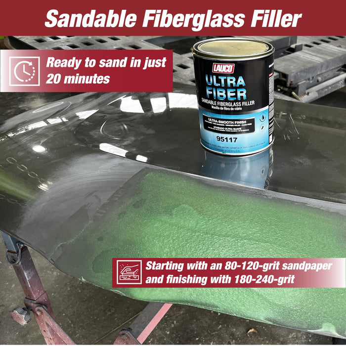 LAUCO Ultra Fiber Sandable Fiberglass Filler, Bridges Holes, Water Resistant, Lightweight, for Fiberglass, Steel, Plastics, Base Color of Yellow-Green, 3 Liters