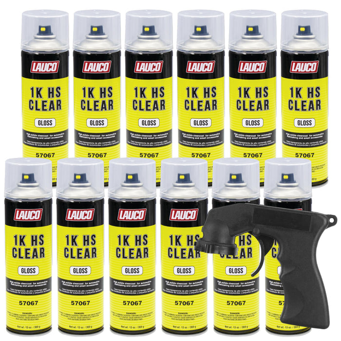 1K HS Gloss Clear 13 oz. Automotive Aerosol Spray Paint Can with Aerosol Spray Gun - Pack of 12 - Acrylic Clear Coat Perfect for Protecting Refinish Color on Small Accessories 57067