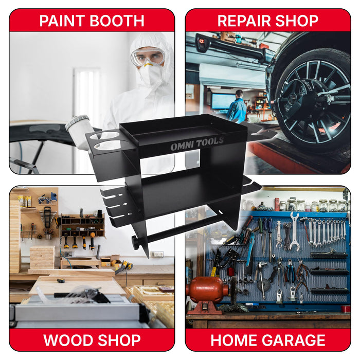 Omni Tools Multi-Function Paper Towel Holder, Steel Shop Organizer Rack with Tool Slots and Spray Gun Storage, Heavy-Duty Garage and Auto Body Shelf, 22.75 x 15 x 9.25 Inches 36038