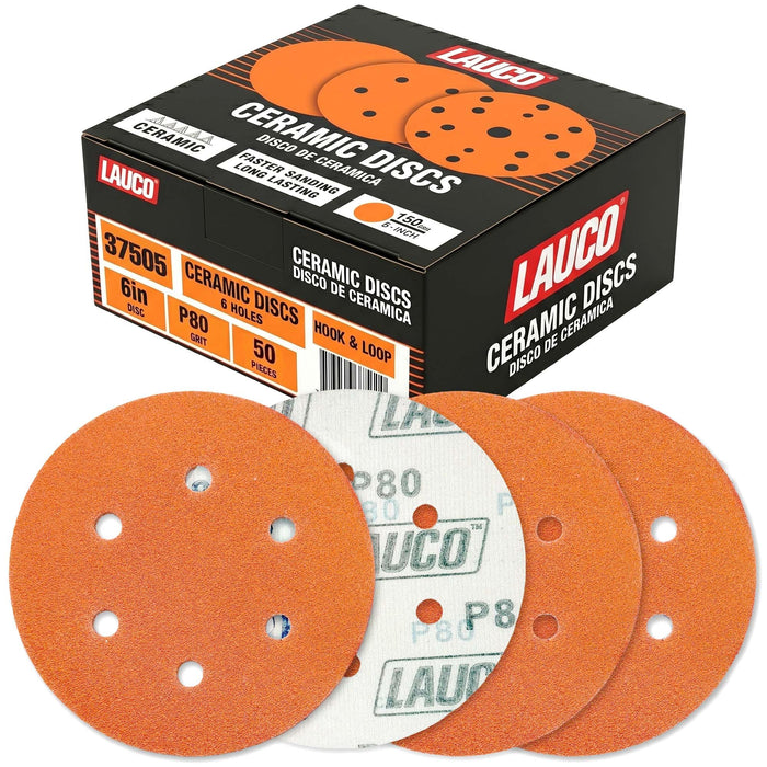 50 PCS 6 Inch 6 Hole Ceramic Sanding Discs P80 Grit, Hook and Loop Orbital Sandpaper, Heavy Duty Sandpaper for Wood, Metal, Automotive, Paint Removal